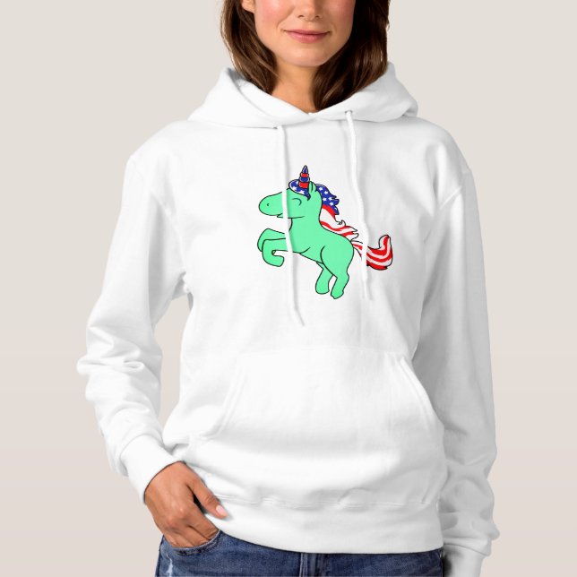 Unicorn Mint Green Patriotic USA Flag Mane Cartoon Hoodie (Front)