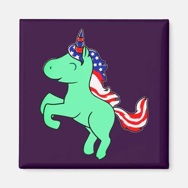 Unicorn Mint Green Patriotic USA Flag Mane Cartoon Magnet (Front)