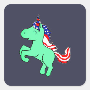 Unicorn Mint Green Patriotic USA Flag Mane Cartoon Square Sticker