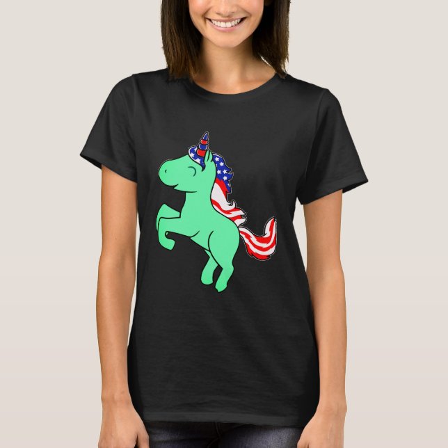 Unicorn Mint Green Patriotic USA Flag Mane Cartoon T-Shirt (Front)