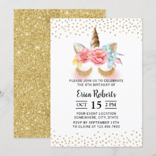 Unicorn Modern Gold Glitter 8th Birthday Invitation