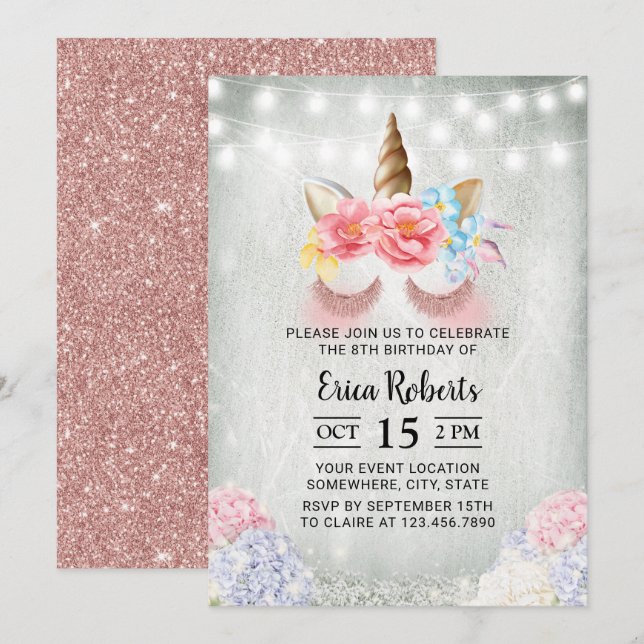 Unicorn Modern Rose Gold Glitter Magical Birthday Invitation (Front/Back)