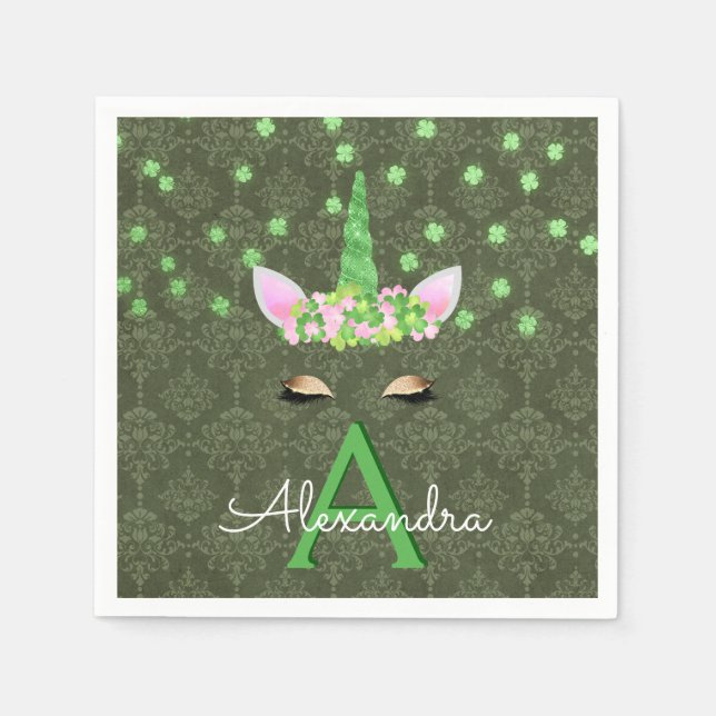 Unicorn Monogram Green St. Patrick's Day Napkin (Front)