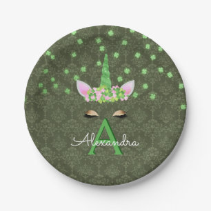 Unicorn Monogram Green St. Patrick's Day Paper Plate
