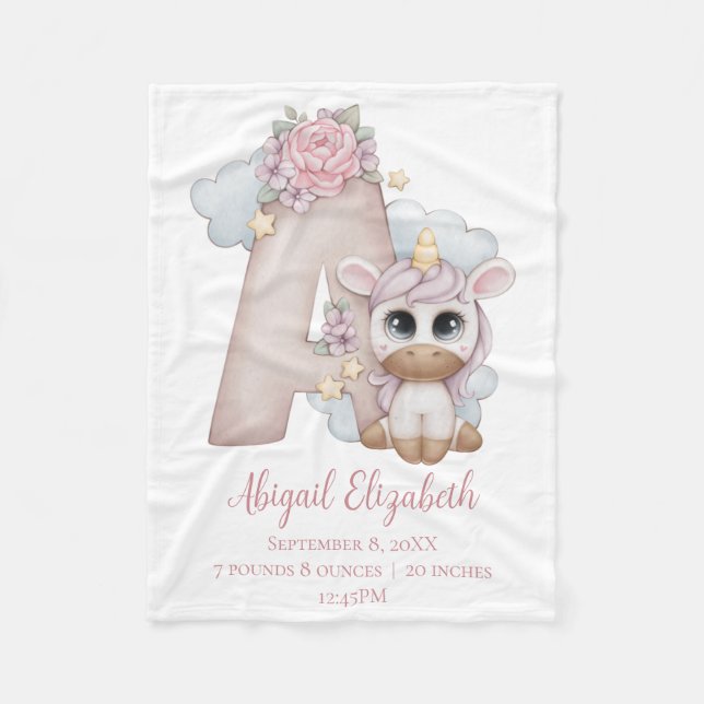 Unicorn Monogram Letter A Pink Baby Girl Gift Baby Fleece Blanket (Front)