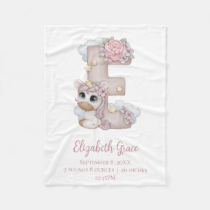 Unicorn Monogram Letter E Pink Baby Girl Gift Bab Fleece Blanket