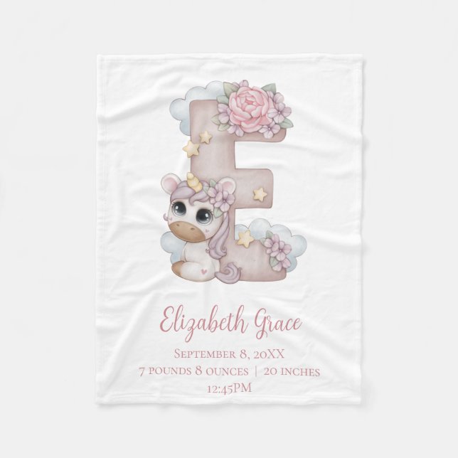 Unicorn Monogram Letter E Pink Baby Girl Gift  Bab Fleece Blanket (Front)
