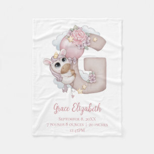 Unicorn Monogram Letter G Pink Baby Girl Gift Fleece Blanket