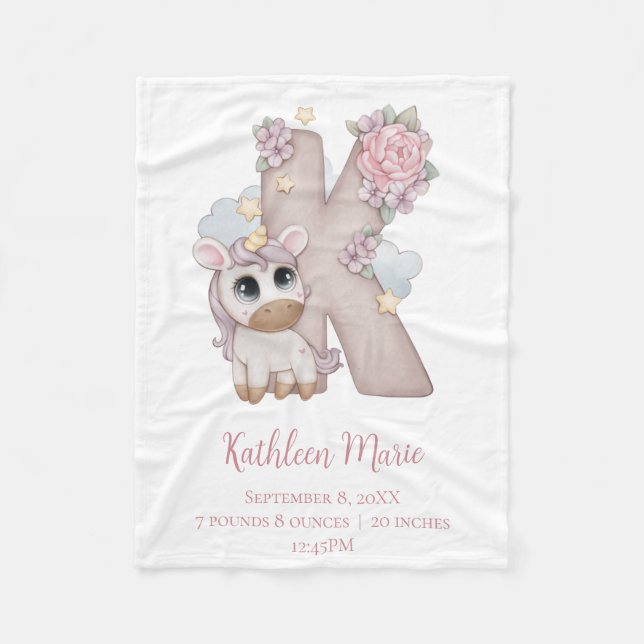 Unicorn Monogram Letter K Pink Baby Girl Gift  Fleece Blanket (Front)
