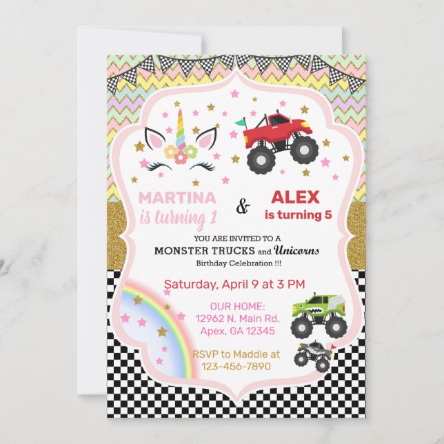 Unicorn & monster trucks siblings birthday invite. invitation (Front)