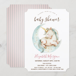 Unicorn Moon Pink Stripes Baby Shower   Invitation