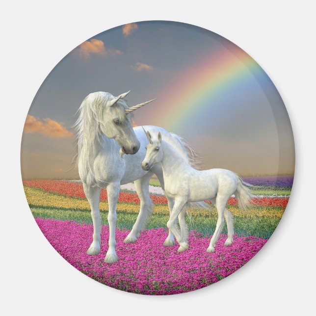 Unicorn Mother and Baby Foal Rainbow Fantasy Magnet (Front)