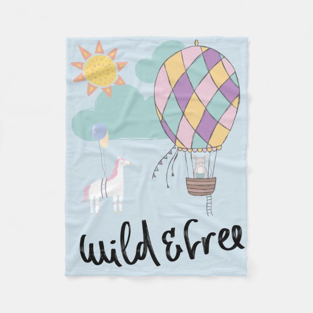 Unicorn Mouse Hot Air Balloon Wild and Free Pastel Fleece Blanket (Front)