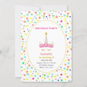 Unicorn & Multicolored Stars Birthday Party Invitation