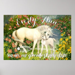 Unicorn Mum and Baby Among Blossoms in the Spring Poster
