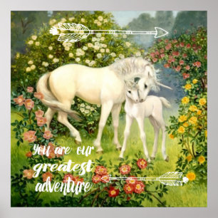 Unicorn Mum and Baby Among Blossoms in the Spring Poster