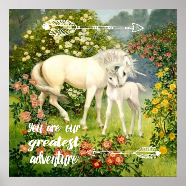 Unicorn Mum and Baby Among Blossoms in the Spring Poster (Front)