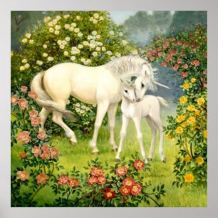 Unicorn Mum and Baby Among Blossoms in the Spring Poster