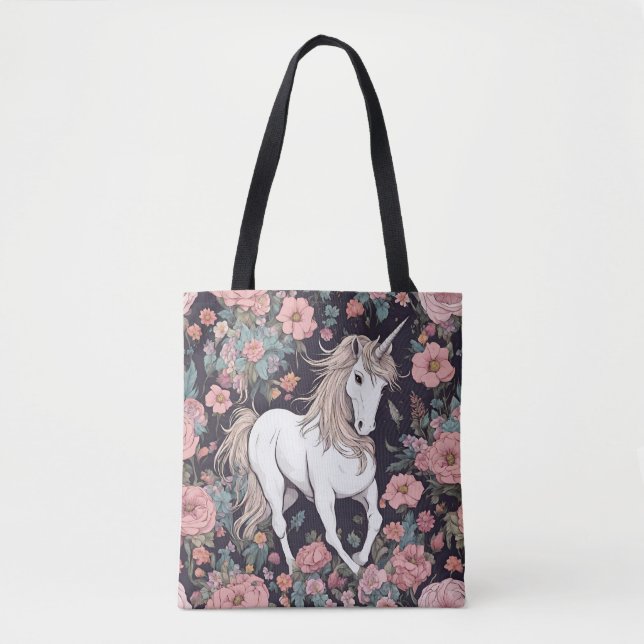 Unicorn Mythical Animal Flowers Tote (Front)