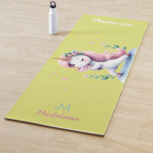 Unicorn Namaste Yoga Cute Hot Yellow Name Monogram Mat