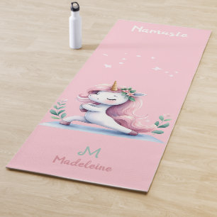 Unicorn Namaste Yoga Cute Pink Aqua Name Monogram Mat