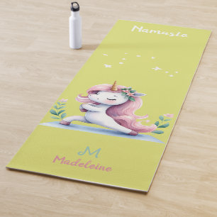 Unicorn Namaste Yoga Cute Pink Green Name Monogram Mat