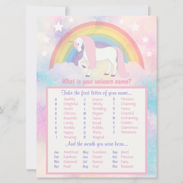 Unicorn Name Game Birthday & Baby Shower (Front)