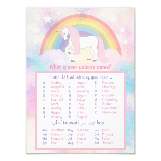 Unicorn Name Game Birthday & Baby Shower Photo Print (Front)