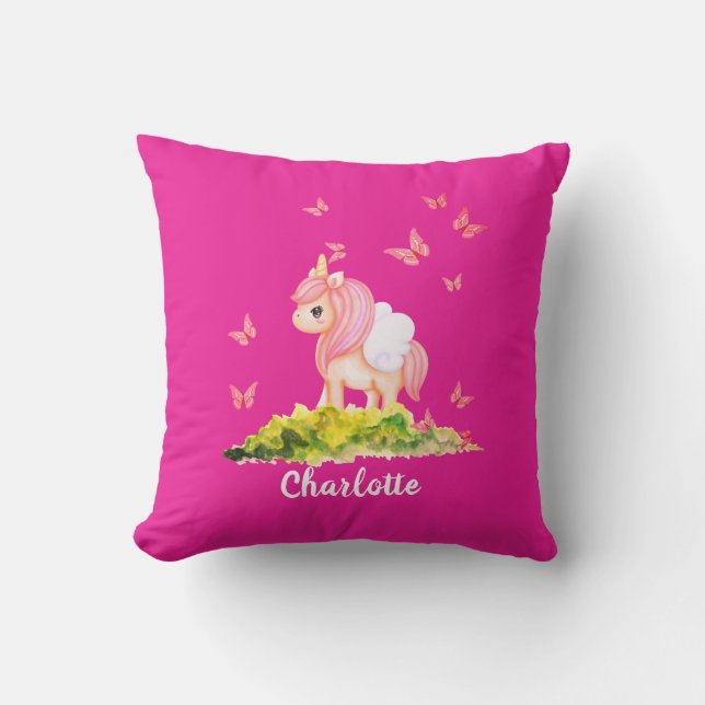   Unicorn Name Nursery Kids Room Decor Pink Cushion (Front)