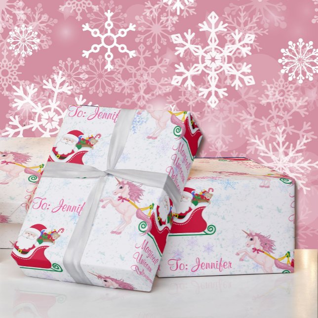 Unicorn Name Santa Magical Sleigh Add Girl's Gift Wrapping Paper (Creator Uploaded)