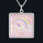 Unicorn necklace with magical pink gold glitter<br><div class="desc">Unicorn necklace with magical pink,  gold glitter and rainbow colours! Text in gold with a rainbow unicorn against a soft pastel pink background.  Perfect gift for the unicorn lover in your life.   Change the background colour if you like!</div>