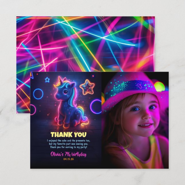 Unicorn Neon Birthday Party Thank You Photo Card (Front/Back)