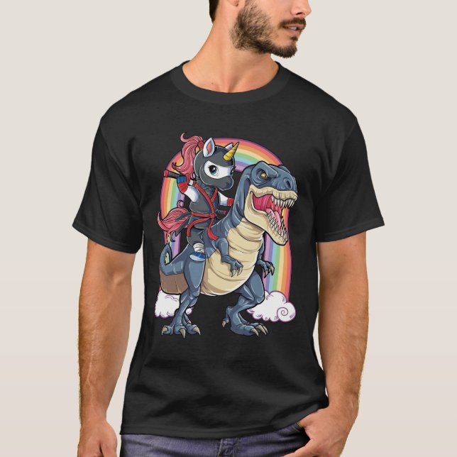 Unicorn Ninja Riding Dinosaur T-Shirt (Front)