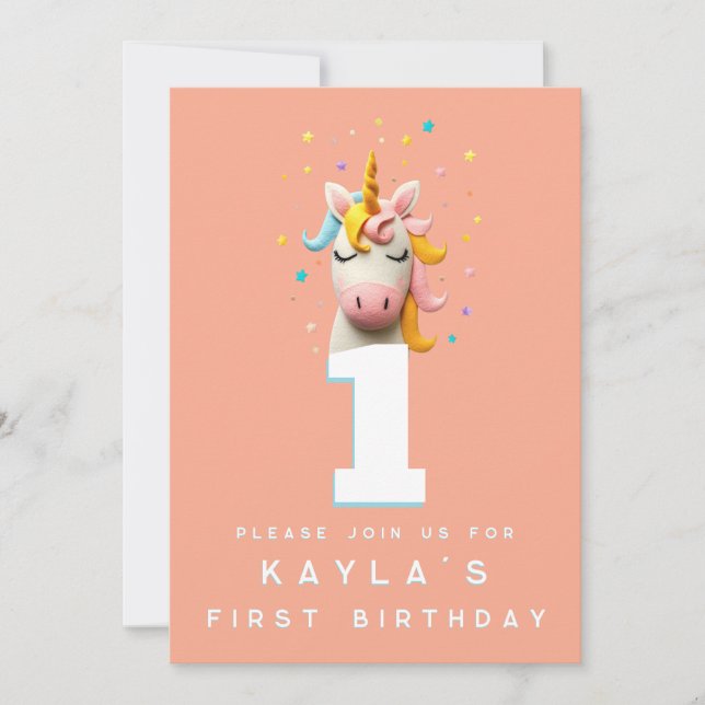 Unicorn Number Birthday Party Wool Felted  Invitation (Front)