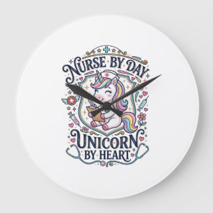 Unicorn Nurse by Day Unicorn by Heart White Backgr Large Clock