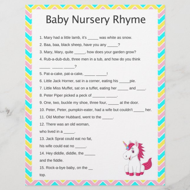 Unicorn Nursery Rhyme Baby Shower Game (Front)