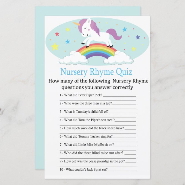 Unicorn Nursery Rhyme Quiz baby shower game (Front/Back)