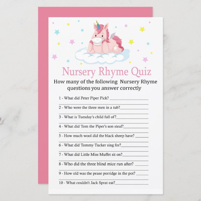 Unicorn Nursery Rhyme Quiz baby shower game (Front/Back)