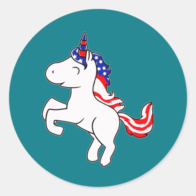 Unicorn Off White Patriotic USA Flag Mane Cartoon Classic Round Sticker (Front)