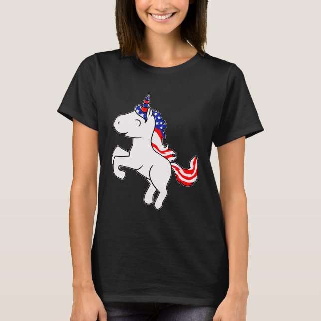 Unicorn Off White Patriotic USA Flag Mane Cartoon T-Shirt (Front)