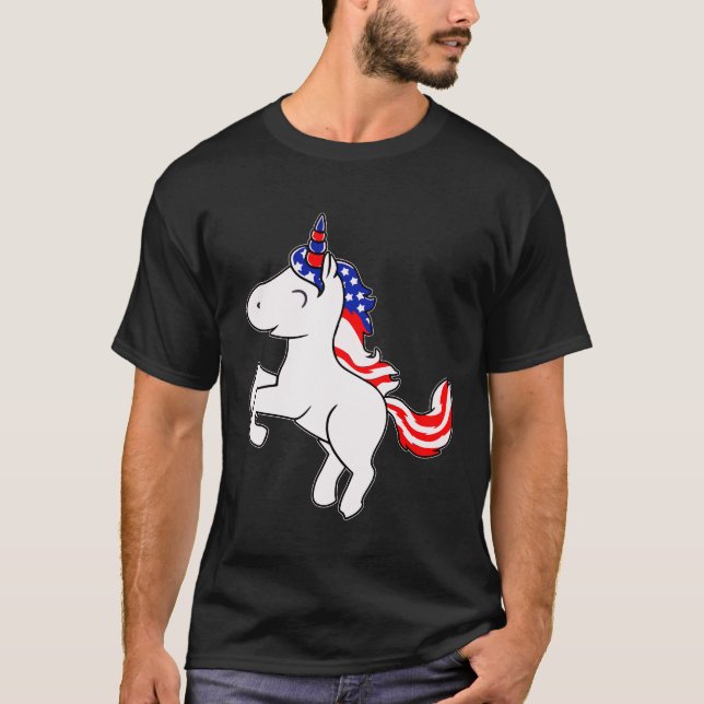 Unicorn Off White Patriotic USA Flag Mane Cartoon T-Shirt (Front)