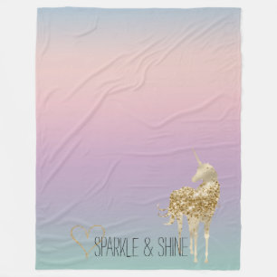 Unicorn Ombre Gold Glitter Heart Fleece Blanket