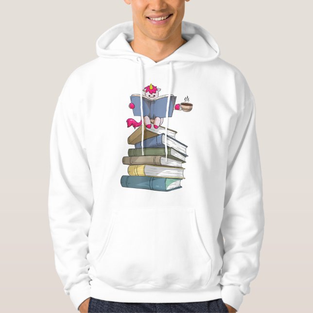 Unicorn on Books Drinking Coffee Unicor Hoodie (Front)