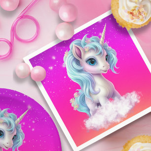 Unicorn on cloud with a solid pink vibrant sky napkin
