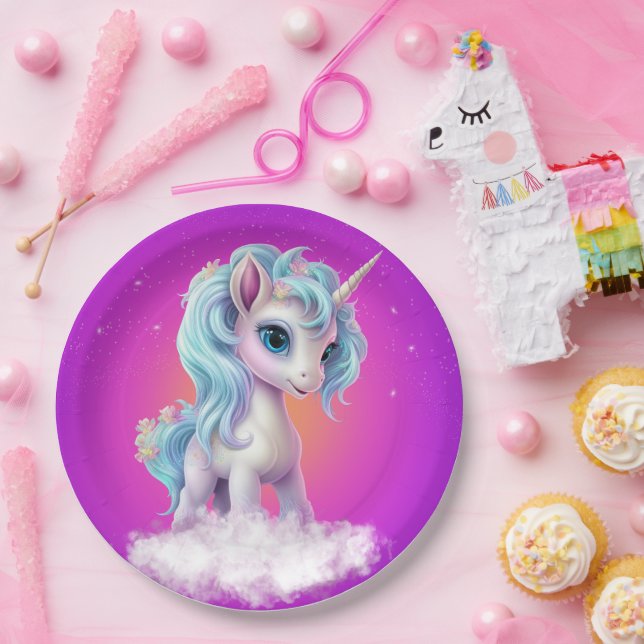 Unicorn on cloud with pink vibrant sky paper plate (Party)