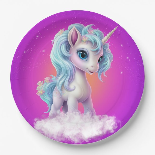 Unicorn on cloud with pink vibrant sky paper plate (Front)