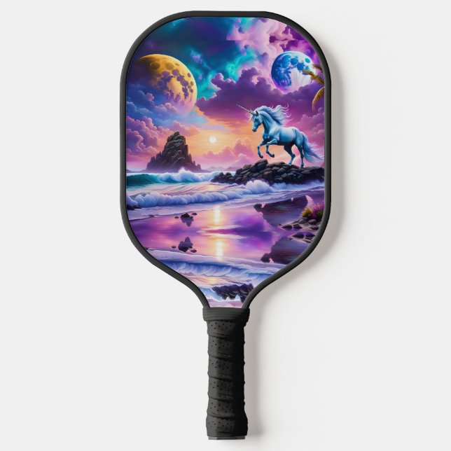 Unicorn on Fantasy Tropical Beach Pickleball Paddle (Front)