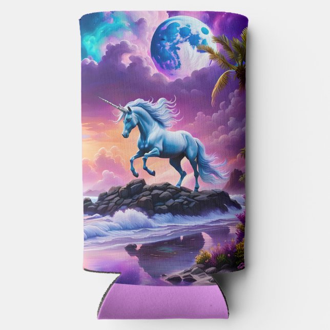 Unicorn on Fantasy Tropical Beach Seltzer Can Cooler (Back)