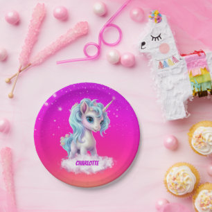 Unicorn on name cloud pink vibrant sky paper plate