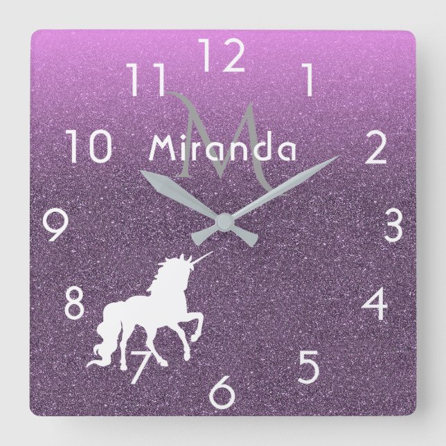 Unicorn on ombre ultra violet glitter and pink square wall clock (Front)